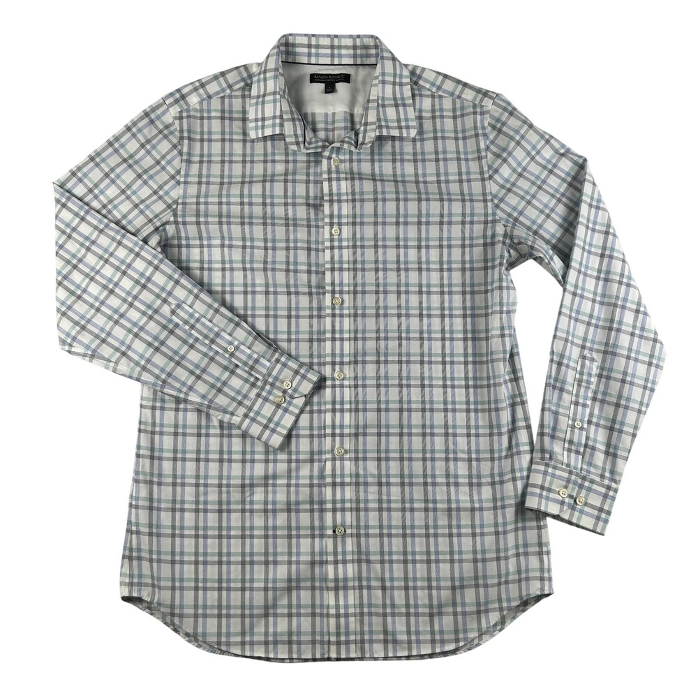 Banana Republic Dress Shirt Mens 16-16.5 L Blue Plaid Slim Fit Non Iron